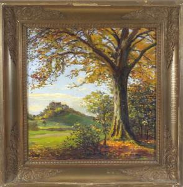 Blick Vom Herbstlichen Waldrand Auf Eine Burganlage Oil Painting by Peter Emil Recher