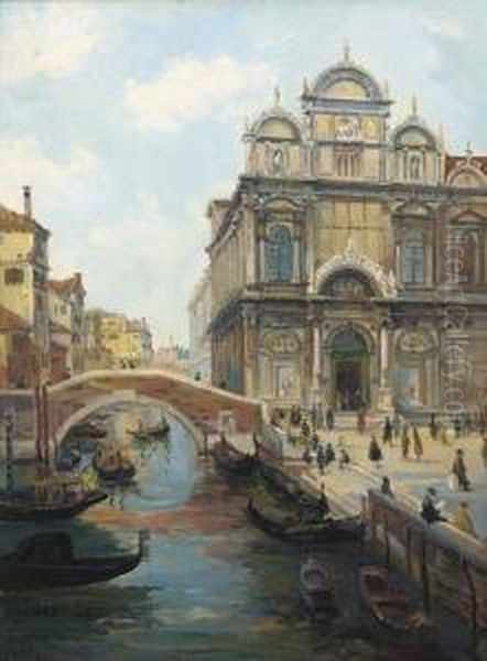 A Venetian Church Oil Painting by Peter Emil Recher