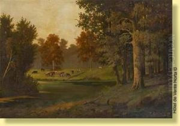 Vaches Au Bord Du Cours D'eau Oil Painting by Georges Recipon