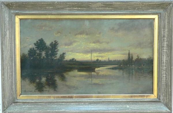 A Landscape With Central Boat On Water Oil Painting by Gardner Arnold Reckhard