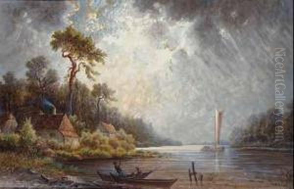 Landschaft Mit Einem Kleinen See Und Einem Segelboot. Oil Painting by Gardner Arnold Reckhard