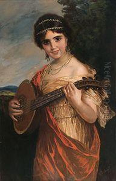 Orientalisches Madchen Mit Mandoline Oil Painting by Theodor Recknagel