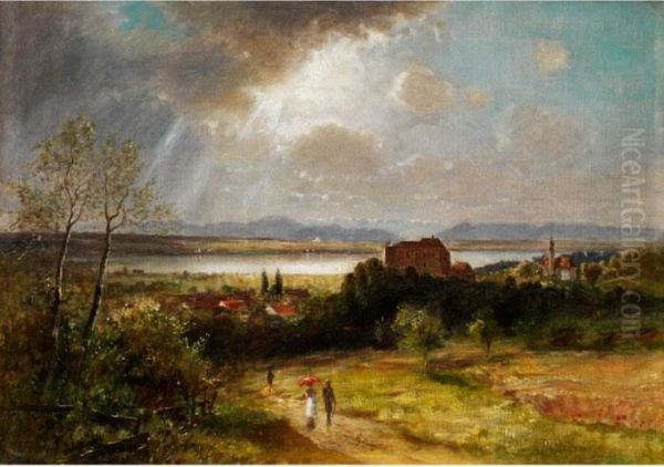 Blick Auf Starnberg Und Den Starnberger Seebei Aufziehendem Gewitter Oil Painting by Franz Reder-Broily