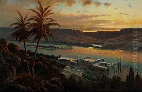 Abend Uber Dem Amuntempel In Luxor Oil Painting by Franz Reder-Broily