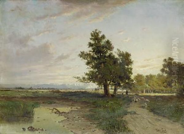 Schafherde Im Dachauer Hinterland. Oil Painting by Franz Reder-Broily