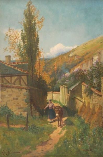 Peasant Woman Leading A Donkey On A Hillside Lane Oil Painting by Arthur Walker Redgate