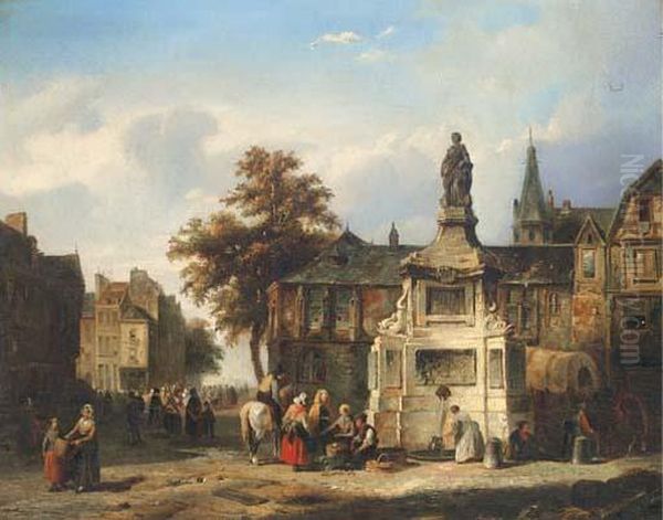 A Meeting In A Continental Town Square Oil Painting by Laurent Herman Redig