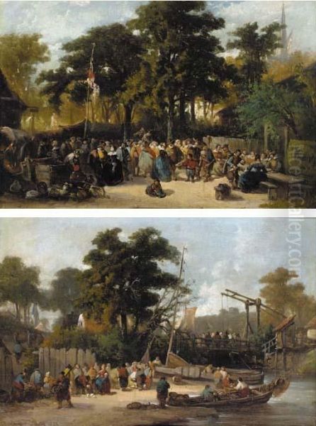 A Country Fair; And Figures On A Canal Oil Painting by Laurent Herman Redig