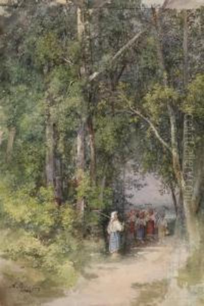 Russian Maidservants With Rakes In A Deciduous Woodland Oil Painting by Andrej Alexeevitch Redkovsky