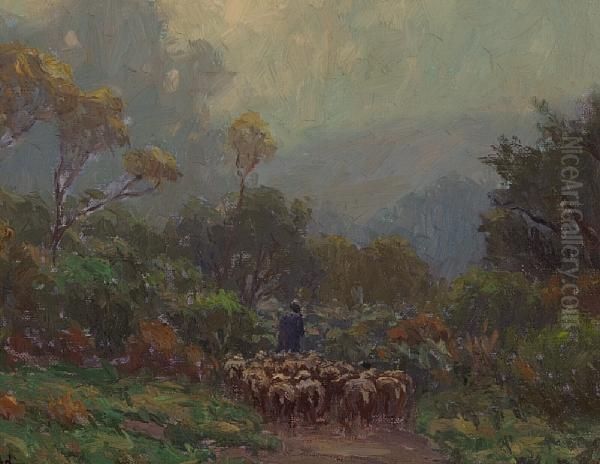 Misty Morning, Shepherd With Flock Oil Painting by Granville Redmond