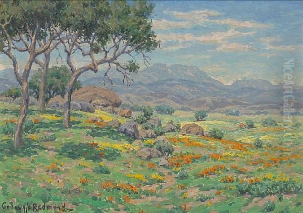 California Wildflowers In An Extensive Landscape Oil Painting by Granville Redmond