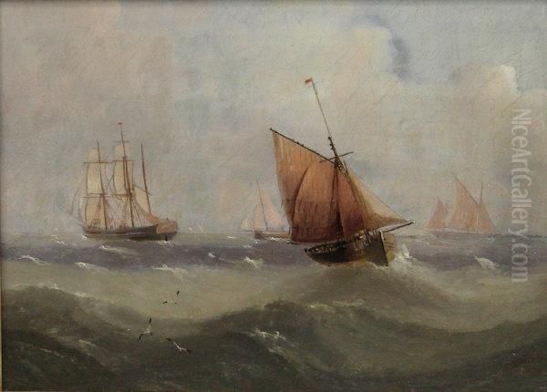 Scarborough Fishing Boat And Other Vessels At Sea Oil Painting by Edward King Redmore