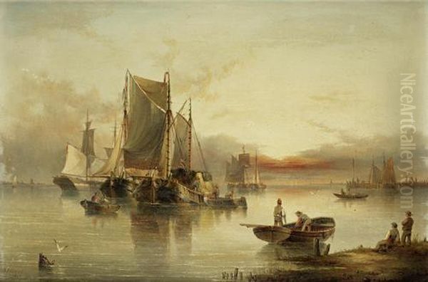 Shipping Becalmed In An Estuary At Dusk Oil Painting by Henry Redmore