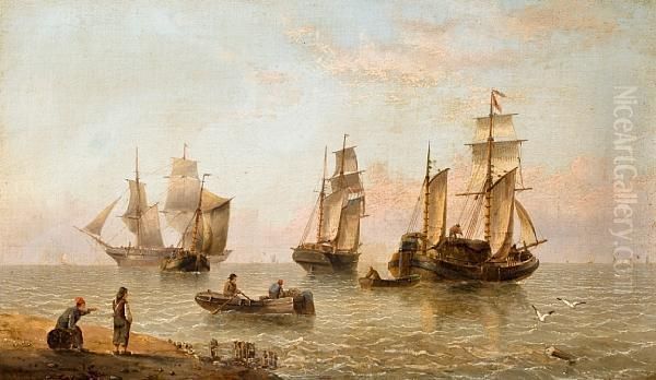 Dutch Vessels Along The Shore Oil Painting by Henry Redmore