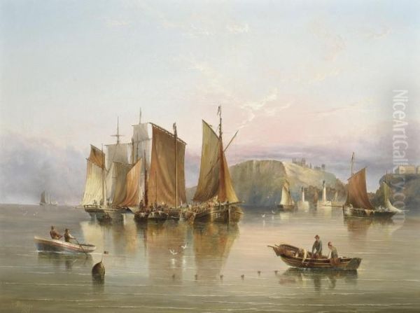 Luggers And Other Commercial Traffic In A Calm Off Whitby Oil Painting by Henry Redmore