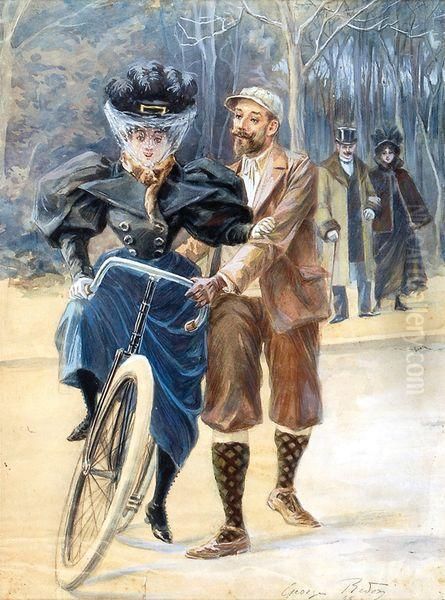 Scenes Montrant La Decouverte Et Les Difficultes Rencontrees Pour Maitriser Le Velo Oil Painting by Georges Redon