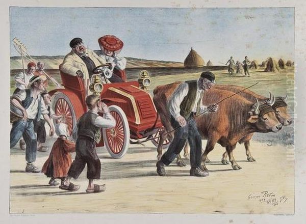 A Comic Early Motoring Scene Oil Painting by Georges Redon