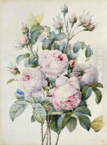 Bouquet De Roses Et Papillons Oil Painting by Pierre-Joseph Redoute