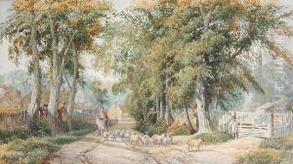 A Shepherd And His Flock On A Countrylane Oil Painting by Joseph Charles Reed