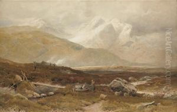 Figures And Sheep In A Highland Valley With Mountains Beyond Oil Painting by Joseph Charles Reed