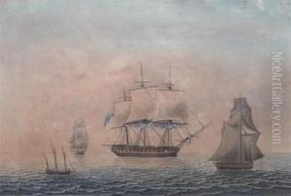 Marine Scenes With Warships At Anchor Oil Painting by P Reed