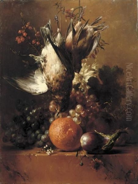 Flowers, Fruit And Poultry On A Ledge Oil Painting by Hendrik Reekers