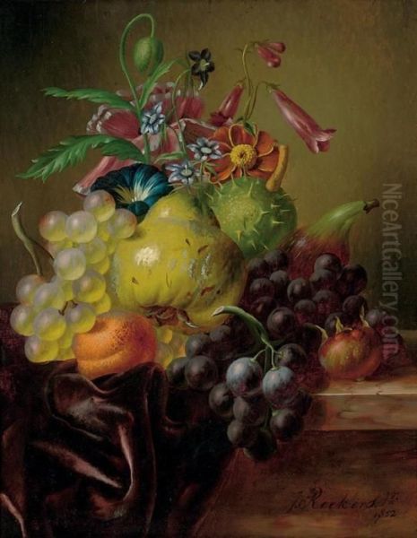 A Pear, Grapes, A Fig, An Apricot, A Horse-chestnut And Summer Blooms Flowers On A Draped Ledge Oil Painting by Johannes Jun Reekers