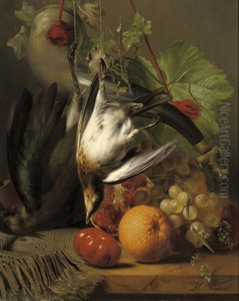 Fruit And Poultry On A Ledge Oil Painting by Johannes Jun Reekers