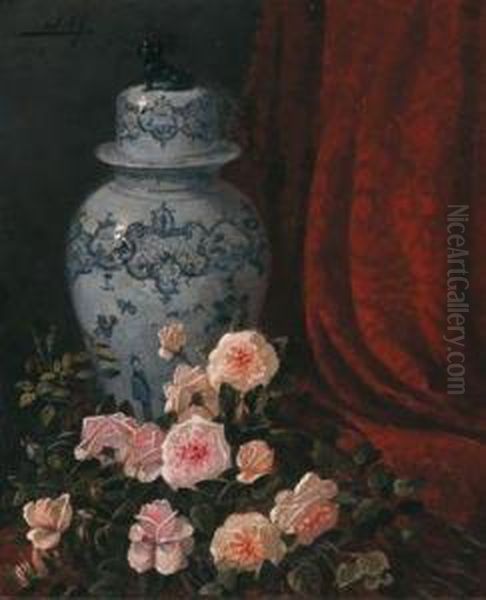 Stillleben Mit Rosen Und Chinesischer Deckelvase Oil Painting by Felix-Elie Regamey