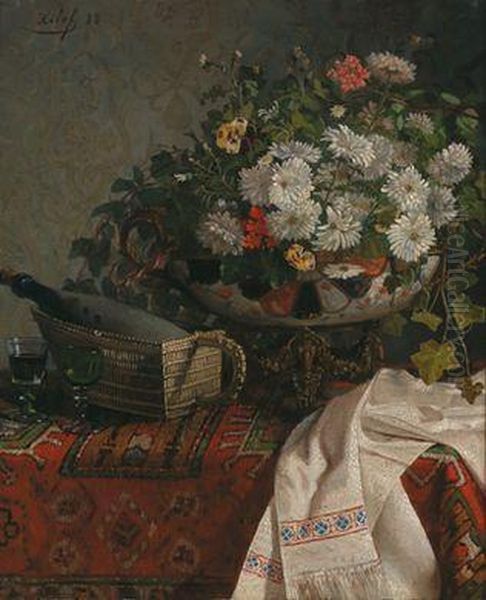 Stillleben Mit Blumen In Schale Und Weinflasche Oil Painting by Felix-Elie Regamey