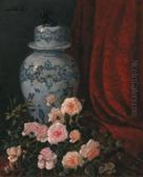 Still Life With Roses And Lidded Chinese Jar Oil Painting by Felix-Elie Regamey