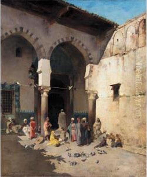 Devant La Mosquee Oil Painting by Emile Regnault de Maulmain