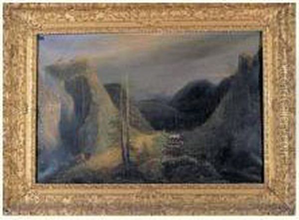 Paysage De Montagne Aux Cervides Et Echassiers Oil Painting by Auguste Jacques Regnier