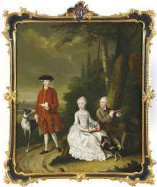 Portrait Of Isaac Willensz Hooft, Daniel Willensz Hooft And Clare Hidegonda Hooft With A Spaniel And Lurcher In A Landscape Oil Painting by Tibout Regters