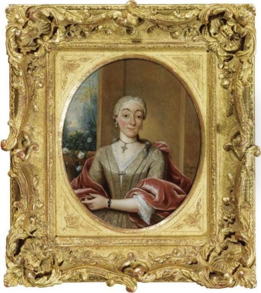 Portrait Of A Lady, Half Length, Wearing A Beige Dress And A Red Velvet Stole Oil Painting by Tibout Regters