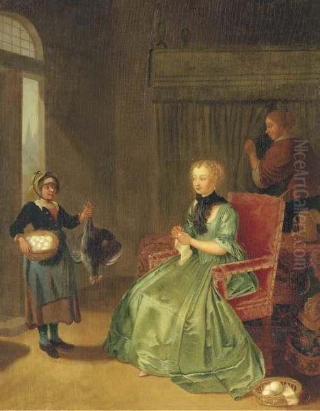 A Lady Seated In An Interior, With A Maidservant And A Girl Holdinga Chicken And Basket Of Eggs Oil Painting by Tibout Regters