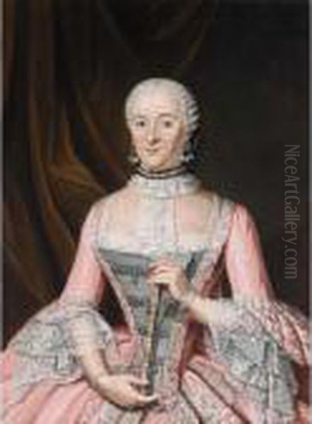 A Portrait Of A Lady, Standing Half Length By A Curtain, Wearing An Embroidered Pink Satin Dress With Grey Bodice, Lace Cuffs And Collar With Pearl Necklace And Earrings, Holding A Fan Oil Painting by Tibout Regters