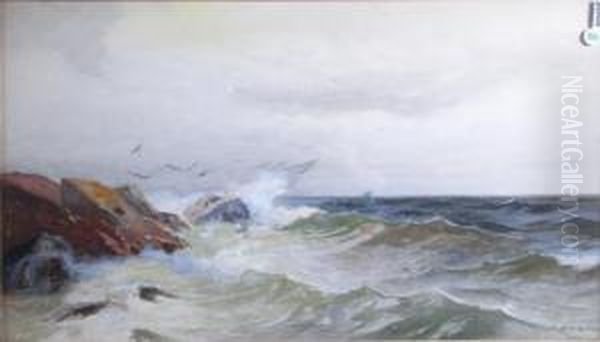 Rashing Waves With Distant Sailing Vessel by Frank Knox Morton Rehn