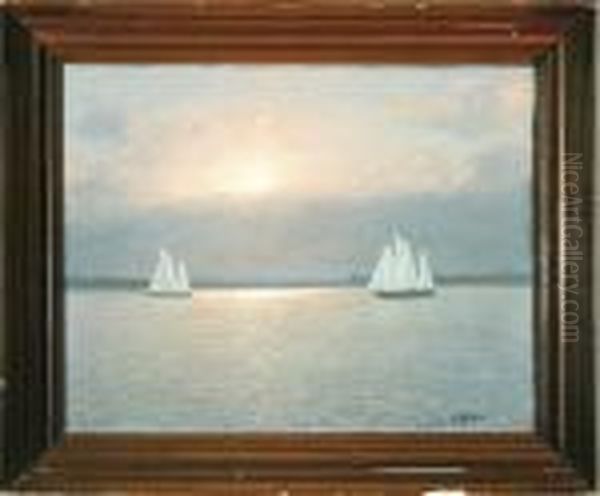 A Coastal Scenery With Two Schooners Sailing By Sunset Oil Painting by Alexander, Prof. Reich-Staffelstein