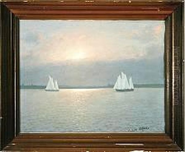 A Marine With Two Schooners Sailing Along The Coast By Sunset Oil Painting by Alexander, Prof. Reich-Staffelstein