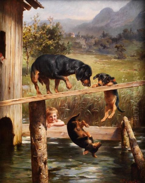 Das Erste Bad Der Jungen Dackel Oil Painting by Carl Reichert