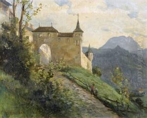 Stadttor In Greyerz Mit Befestigungspartie. Oil Painting by Jean-Joseph Reichlen