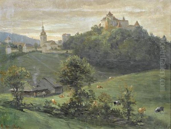 Ansicht Von Greyerz Im Dammerungslicht. Oil Painting by Jean-Joseph Reichlen