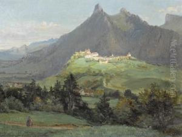 Sommerliche Ansicht Von Greyerz Mit Dem Dent Du Broc. Oil Painting by Jean-Joseph Reichlen