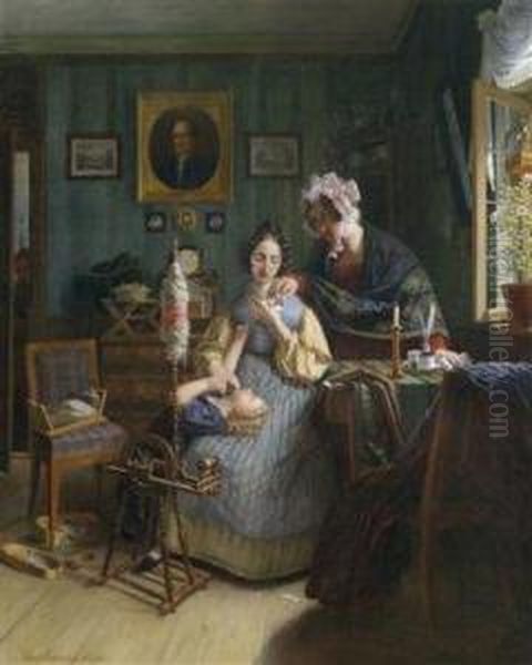 Listening To The Spinning Woman Oil Painting by George Friedrich Reichmann