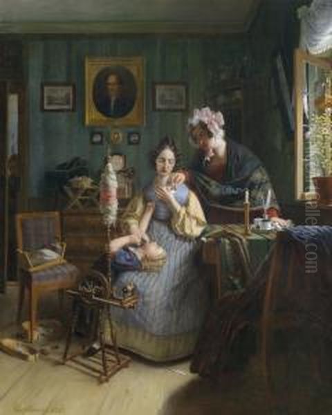 Eavesdropping On The Spinstress Oil Painting by George Friedrich Reichmann