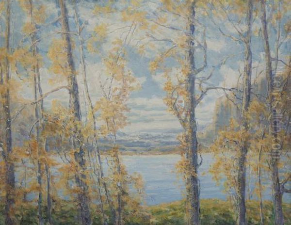 Wooded Lakeside Oil Painting by Josephine Lemos Reichmann