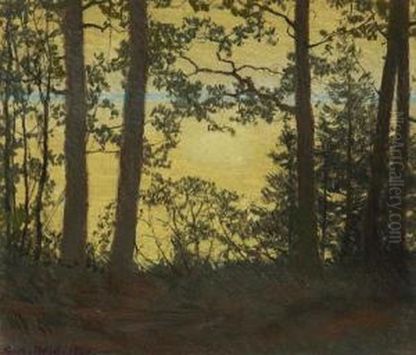 View Of The Lake At Sunset Through The Trees by George Agnew Reid