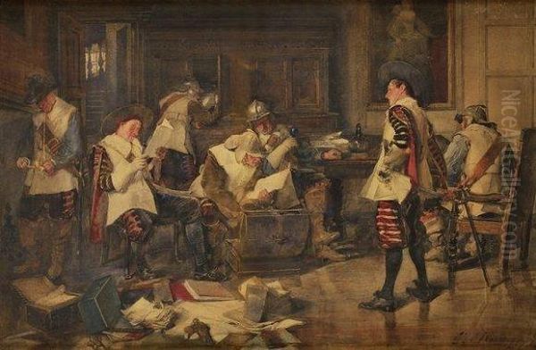 Cavaliers En Armespillant Une Maison Oil Painting by George Ogilvy Reid