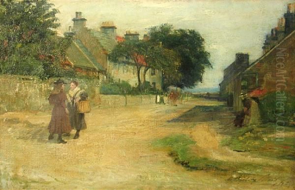 Figures On A Village Street Oil Painting by George Ogilvy Reid